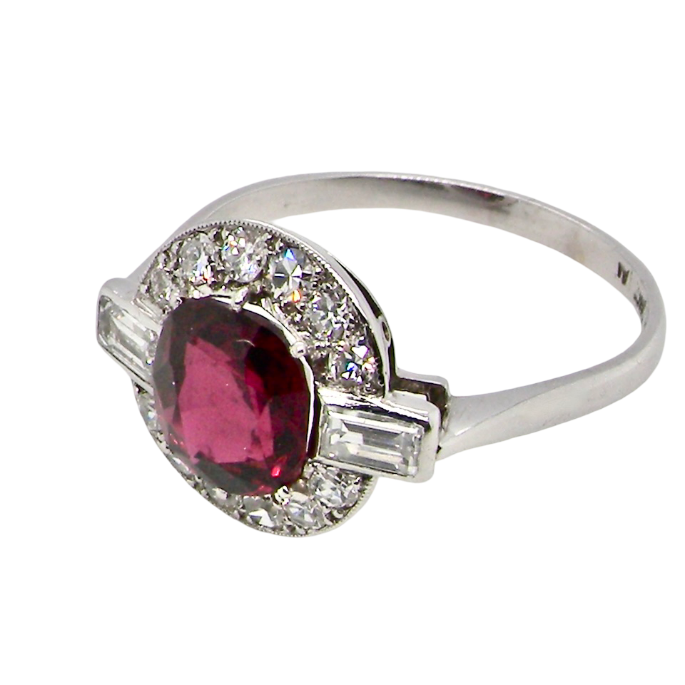 fine Art Deco style cluster ring featuring an untreated natural ruby side