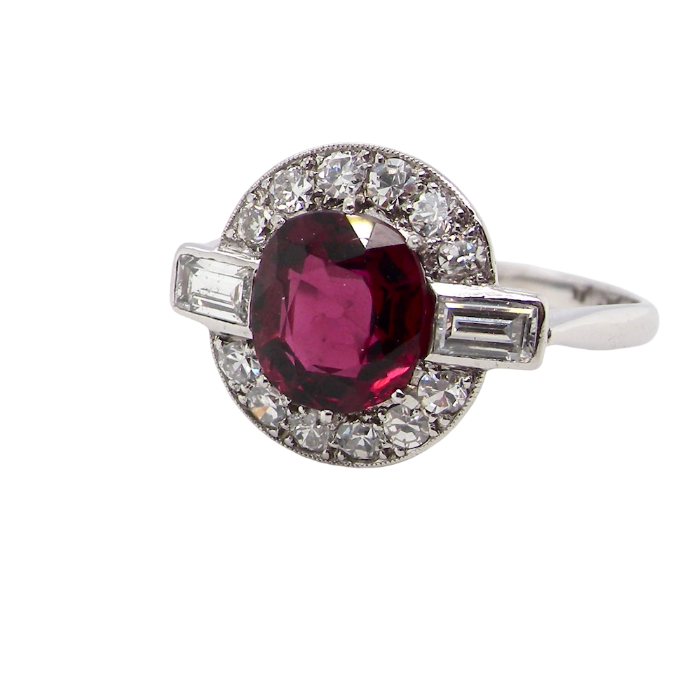 fine Art Deco style cluster ring with an untreated natural ruby
