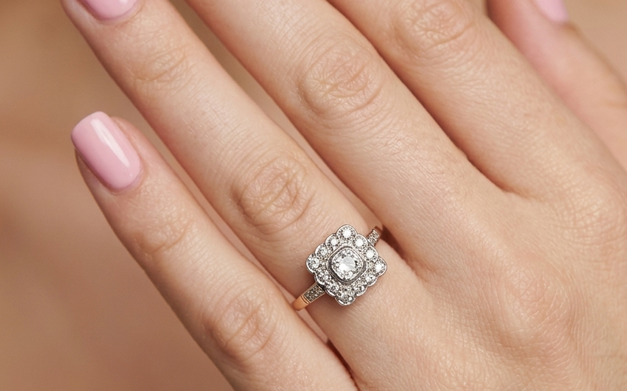 A fine antique ring from the early part of the 20th century (probably 1915-1925)
A square head that measures 11x11mm is set with old brilliant cut white diamonds. The principal stone measures just over half a carat (5.2mm) colour i-l, clarity Si, rim setting, platinum.
hand