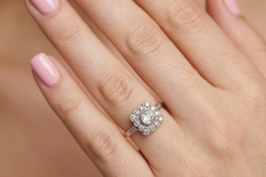 A fine antique ring from the early part of the 20th century (probably 1915-1925)
A square head that measures 11x11mm is set with old brilliant cut white diamonds. The principal stone measures just over half a carat (5.2mm) colour i-l, clarity Si, rim setting, platinum.
hand