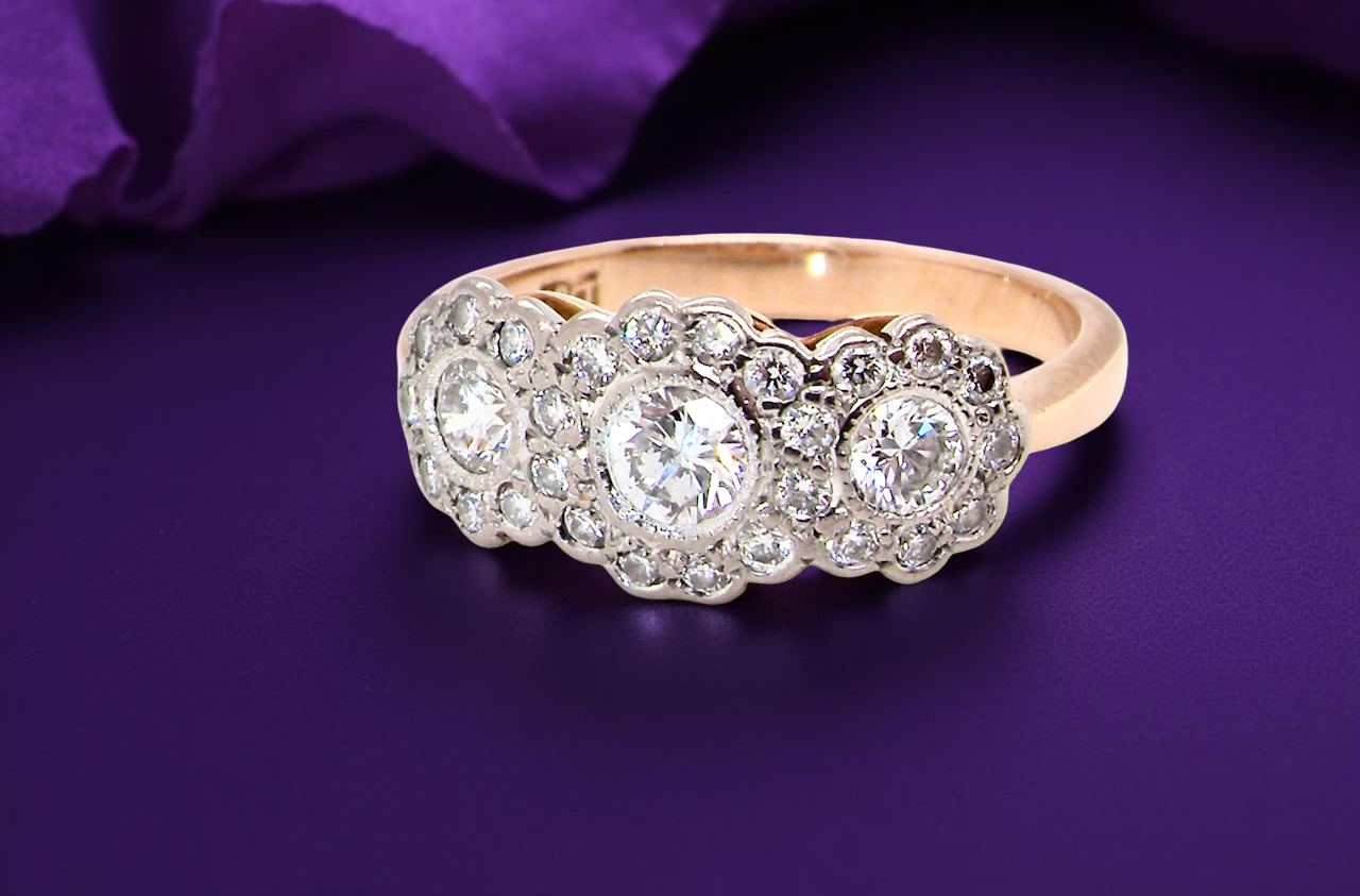 fine charming vintage triple cluster diamond ring,