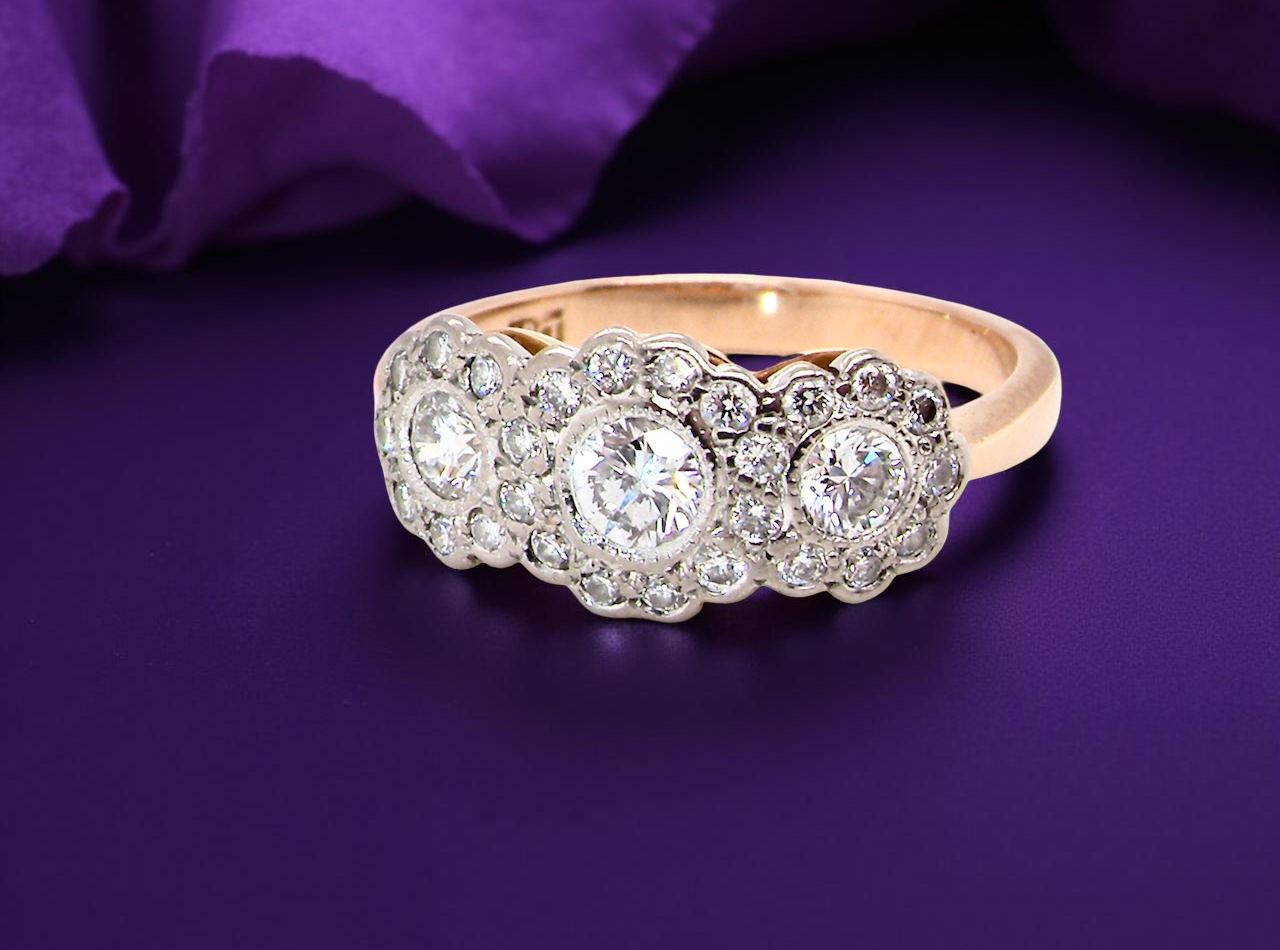 fine charming vintage triple cluster diamond ring,