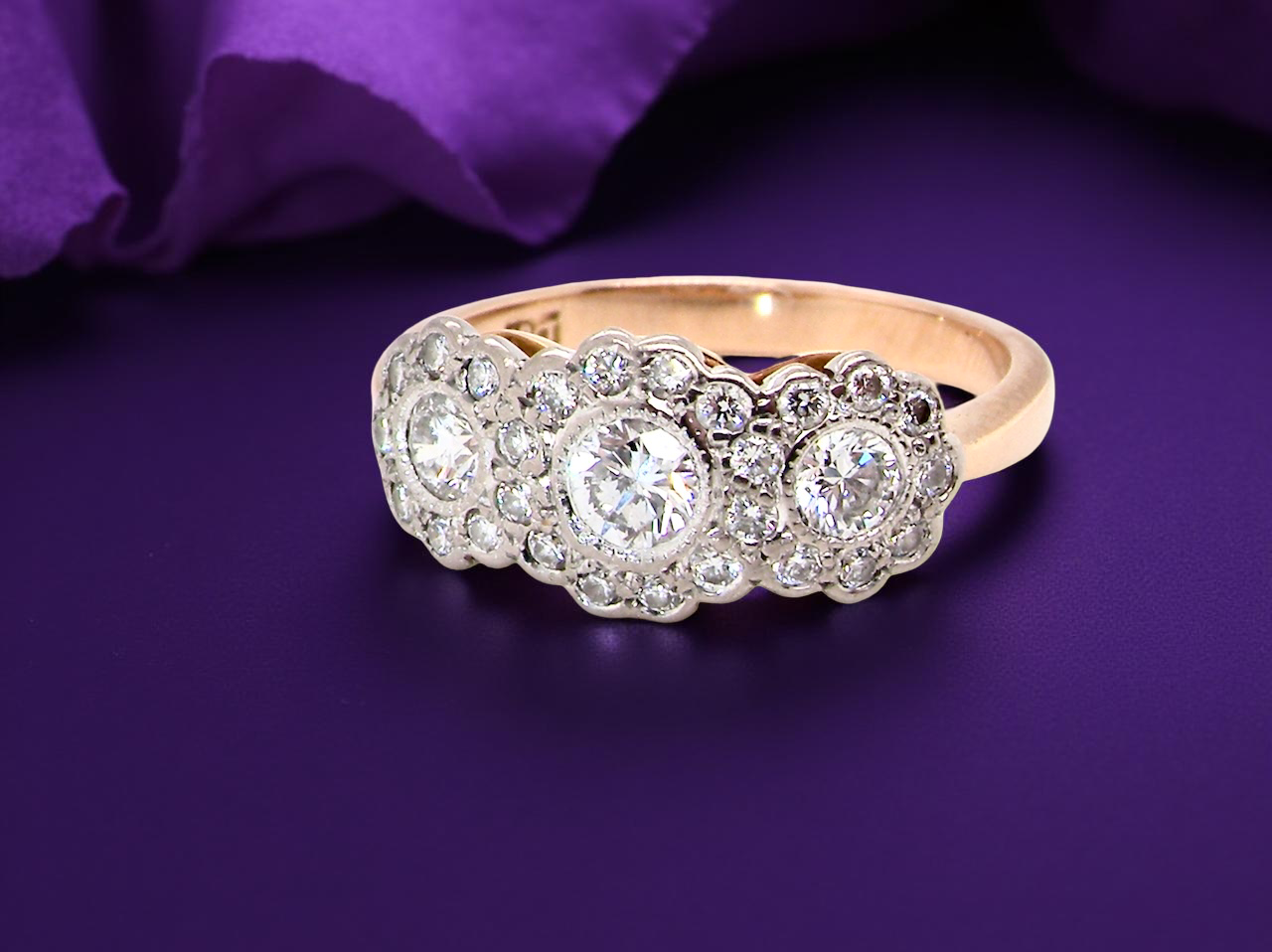 fine charming vintage triple cluster diamond ring,
