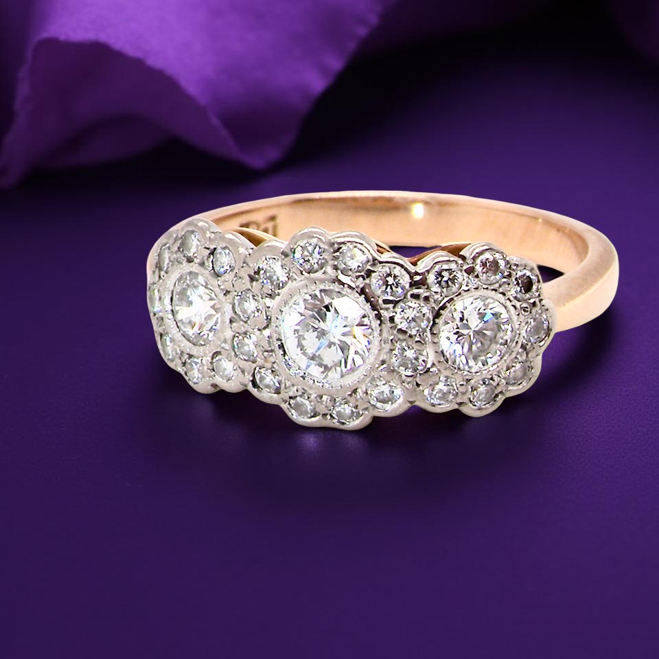 fine charming vintage triple cluster diamond ring,