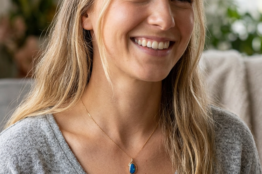 woman wearing A stunning pendant containing an oval shaped black opal