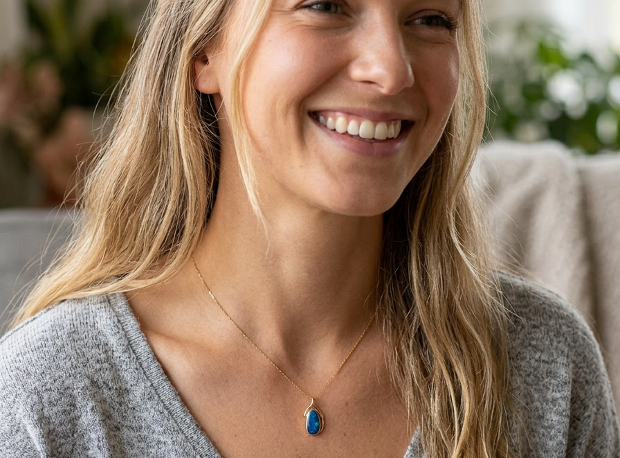 woman wearing A stunning pendant containing an oval shaped black opal
