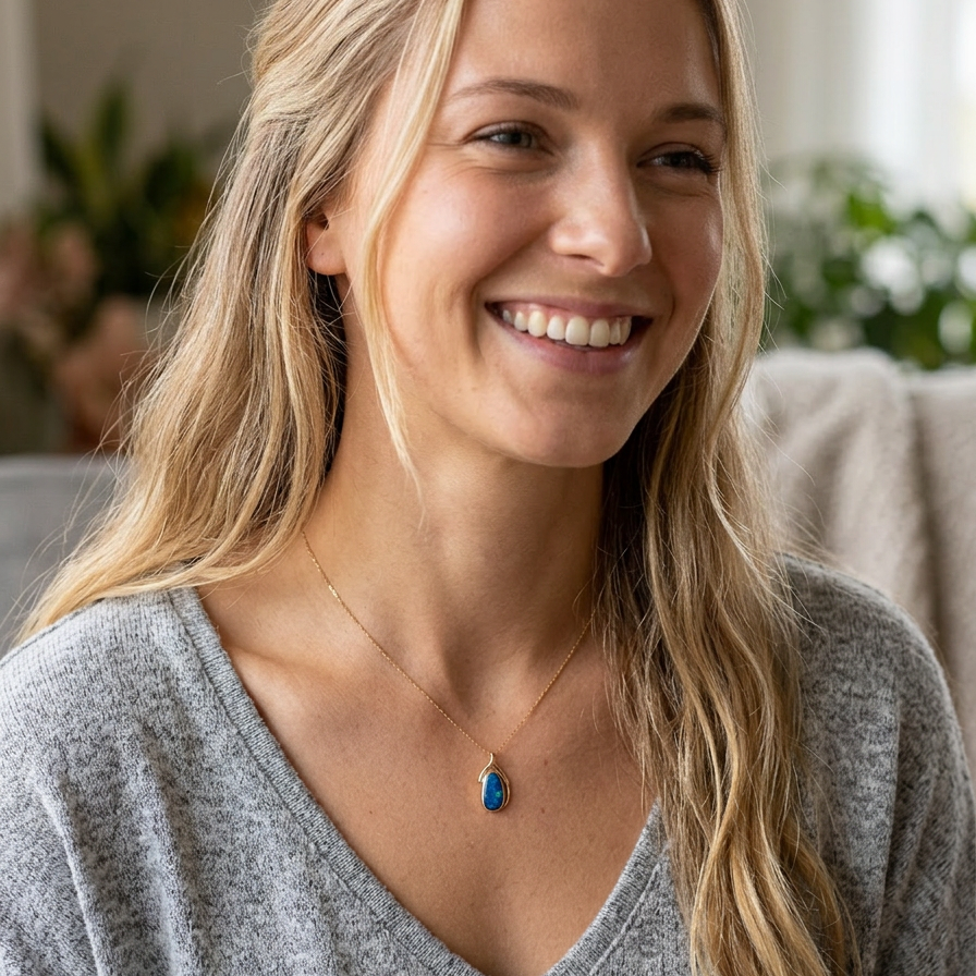 woman wearing A stunning pendant containing an oval shaped black opal