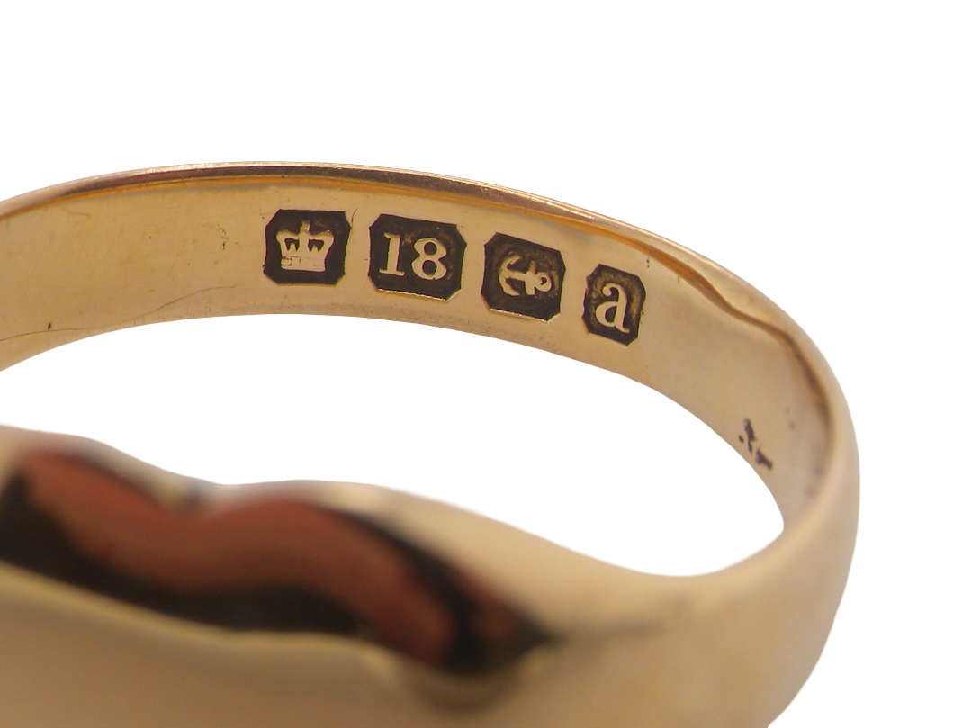 hallmark A very unusual signet ring, hallmarked in Birmingham in 1900.
The head is heart shaped and measures 11x10mm.