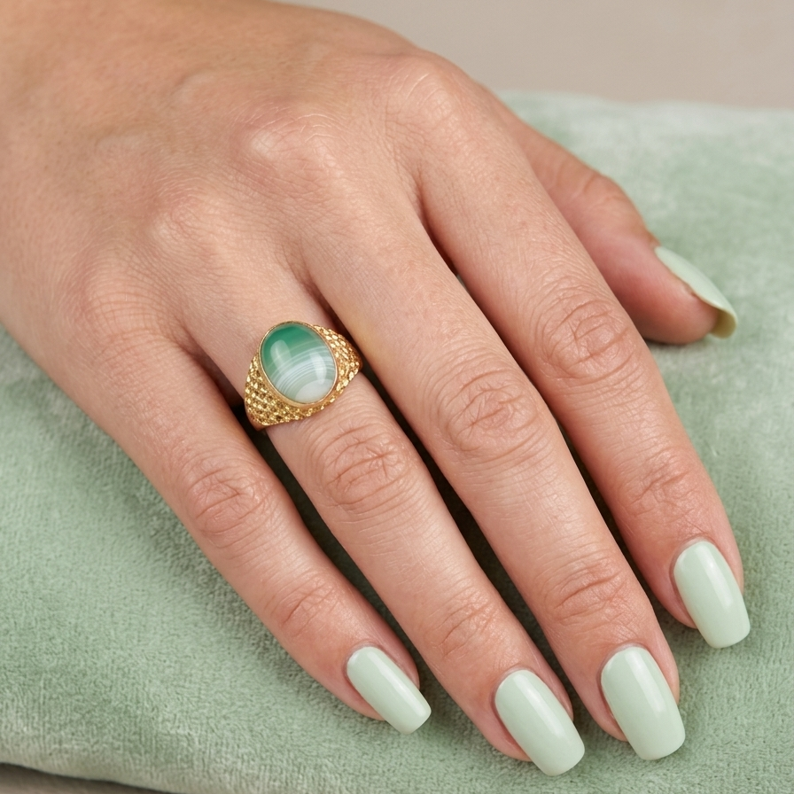 hand A pretty dress ring. Set with a cabouchon cut banded green agate , colours from jade green with stripes down to the base turning to white.