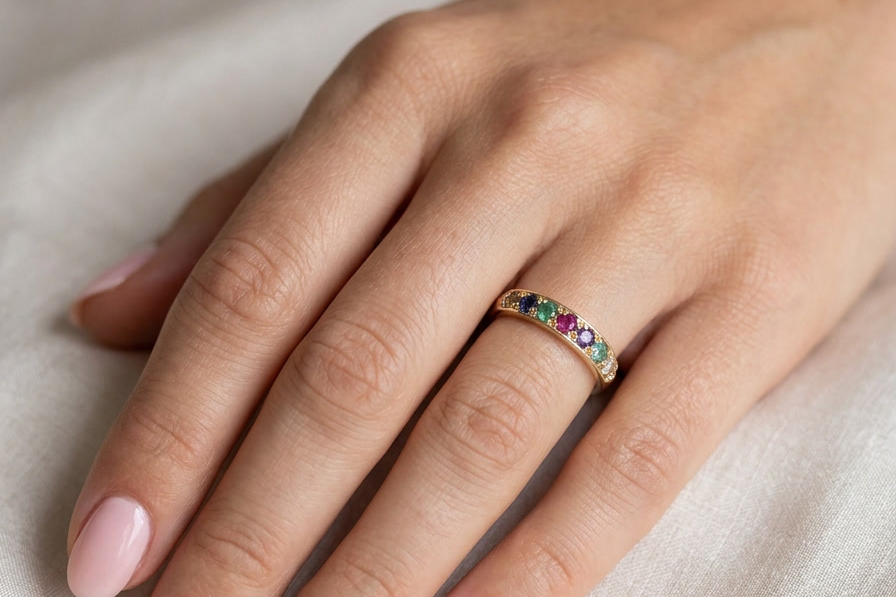 hand A 9 carat gold acrostic dress ring, set with various gemstones the initials of each spelling the word DEAREST.