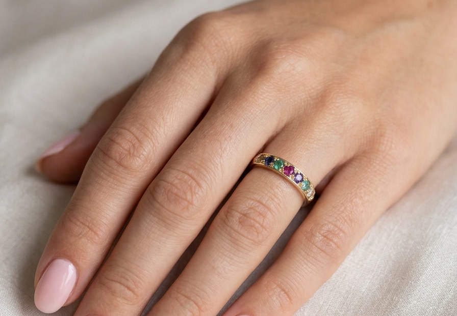 hand A 9 carat gold acrostic dress ring, set with various gemstones the initials of each spelling the word DEAREST.