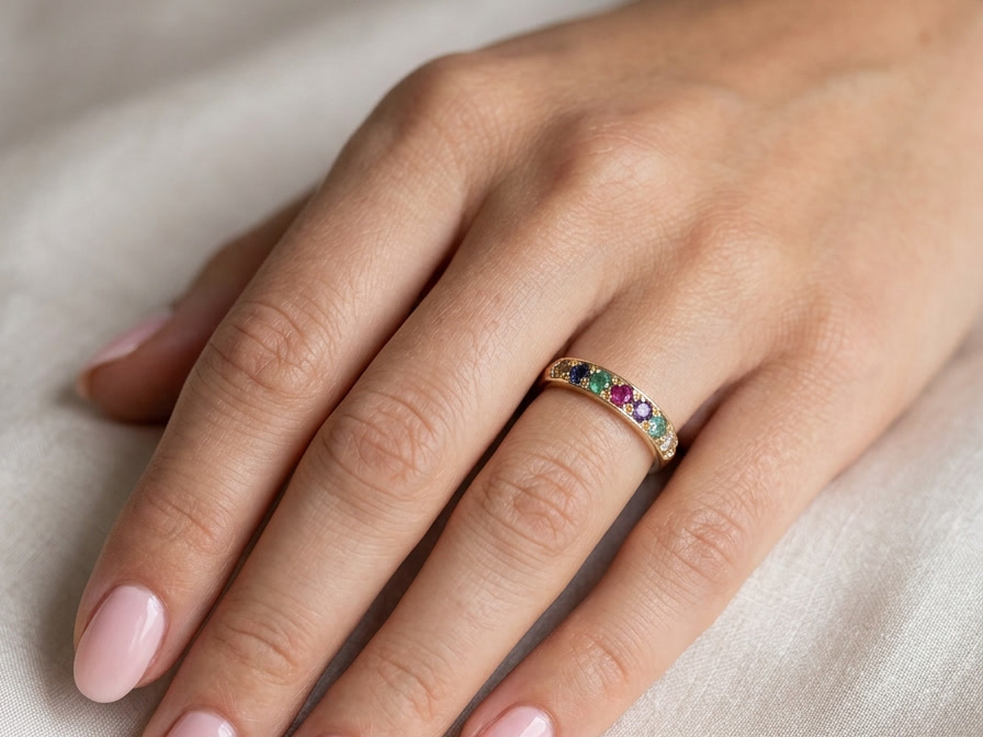 hand A 9 carat gold acrostic dress ring, set with various gemstones the initials of each spelling the word DEAREST.