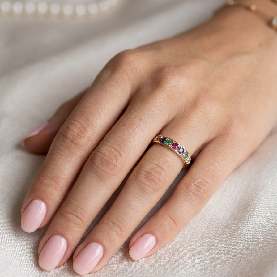 hand A 9 carat gold acrostic dress ring, set with various gemstones the initials of each spelling the word DEAREST.