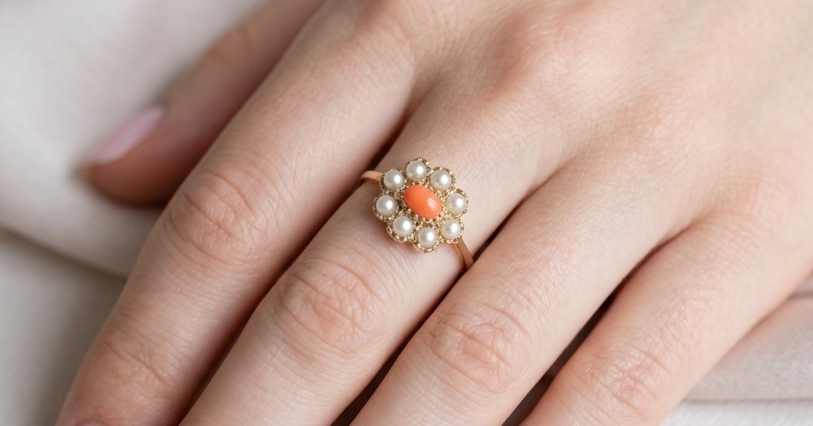 hand A 9 carat gold cluster ring. Centre stone an oval shaped coral stone 6x4mm.