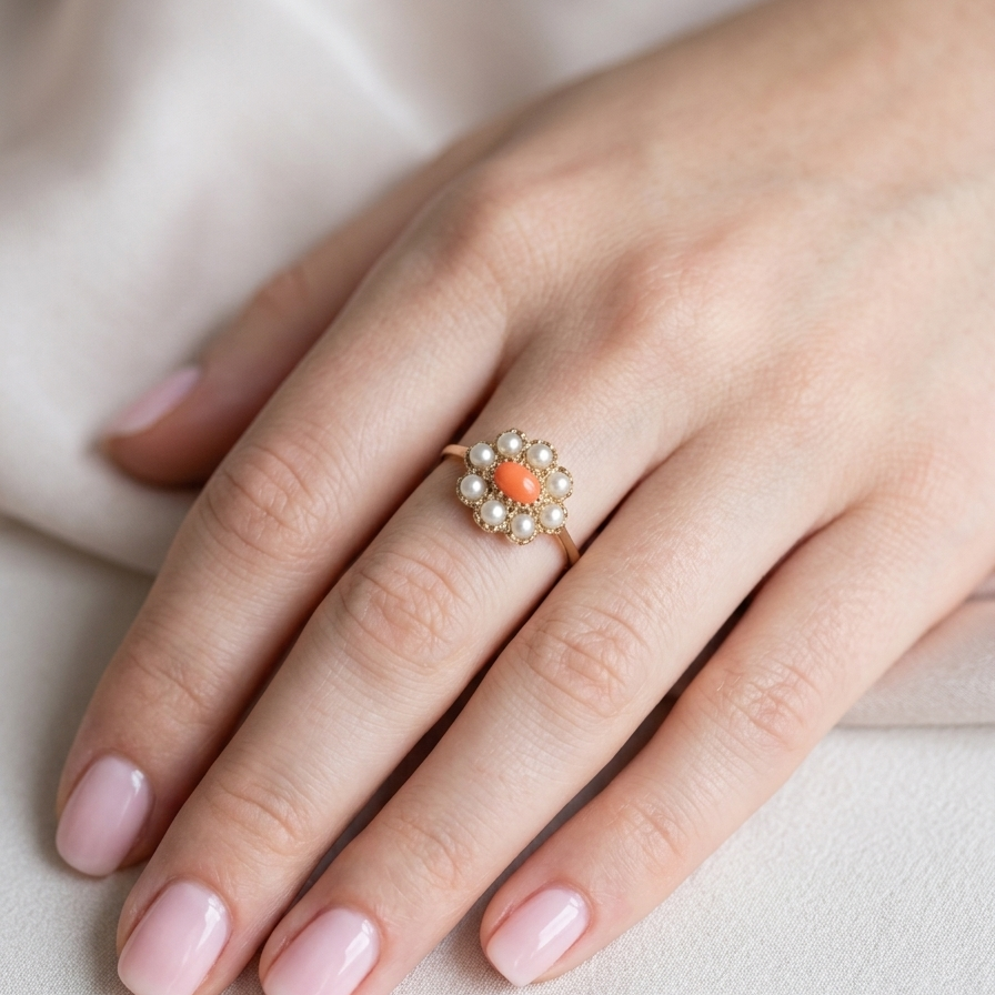 hand A 9 carat gold cluster ring. Centre stone an oval shaped coral stone 6x4mm.