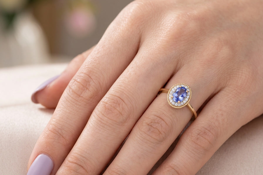 hand A 9 carat gold cluster ring. Features to the centre an oval cut tanzanite gem stone. Measures 7x5mm, four claw setting.