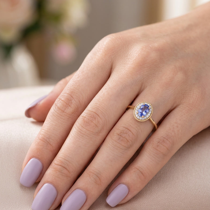 hand A 9 carat gold cluster ring. Features to the centre an oval cut tanzanite gem stone. Measures 7x5mm, four claw setting.
