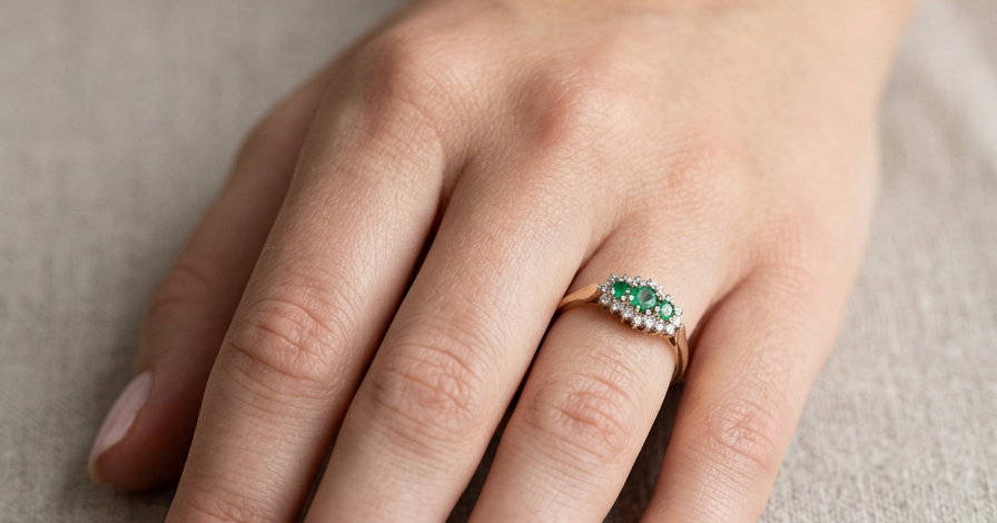 hand A 9 carat gold cluster ring. Set to the centre three round emeralds, centre 3.2mm, each side a 2.6mm stone.