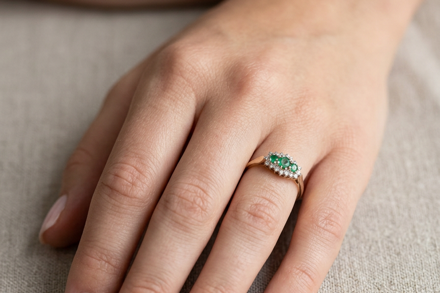 hand A 9 carat gold cluster ring. Set to the centre three round emeralds, centre 3.2mm, each side a 2.6mm stone.