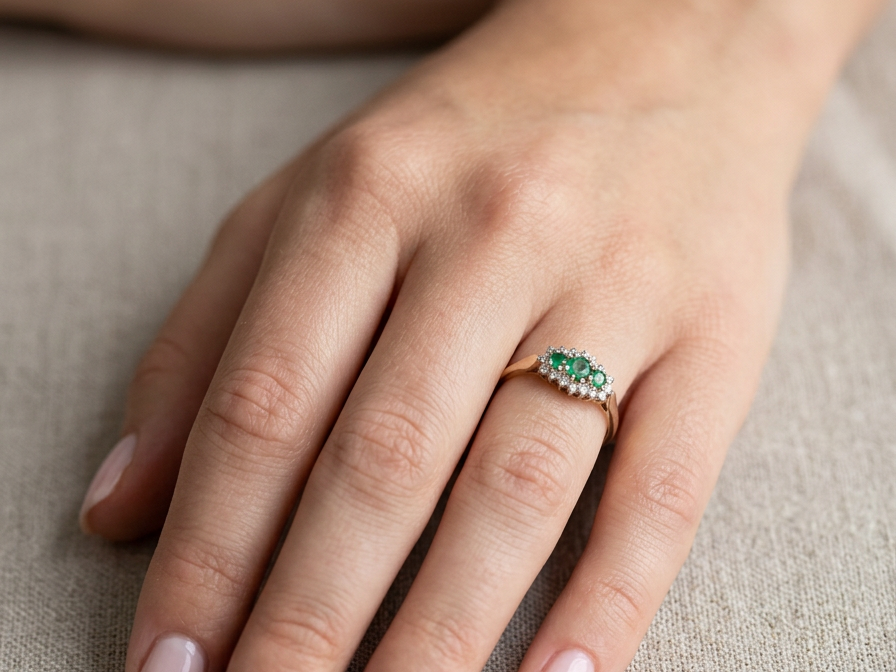 hand A 9 carat gold cluster ring. Set to the centre three round emeralds, centre 3.2mm, each side a 2.6mm stone.