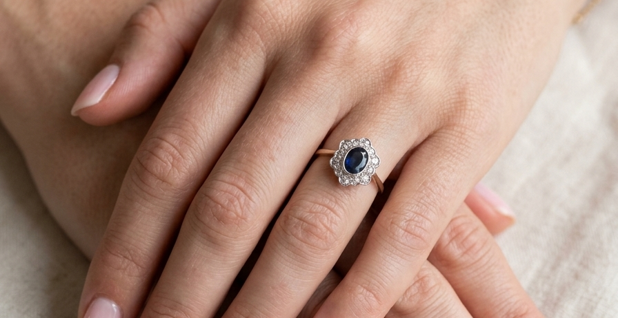hand A 9 carat gold cluster ring that features an inky black blue oval cut sapphire. This measures 8x6mm in a safe rim style setting