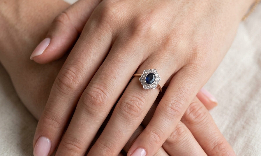 hand A 9 carat gold cluster ring that features an inky black blue oval cut sapphire. This measures 8x6mm in a safe rim style setting