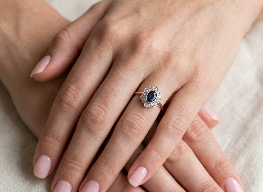 hand A 9 carat gold cluster ring that features an inky black blue oval cut sapphire. This measures 8x6mm in a safe rim style setting