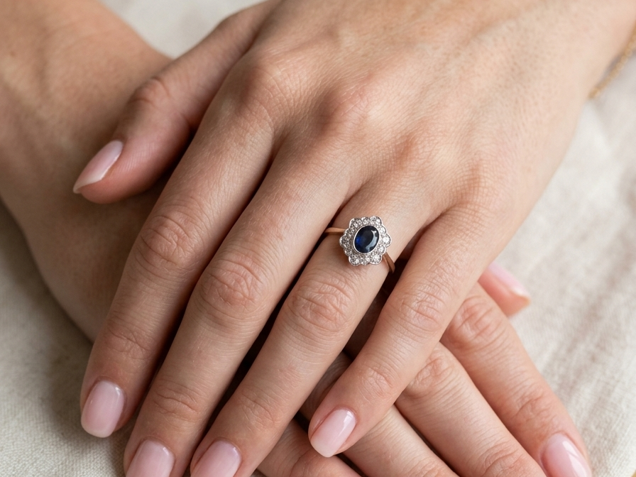 hand A 9 carat gold cluster ring that features an inky black blue oval cut sapphire. This measures 8x6mm in a safe rim style setting