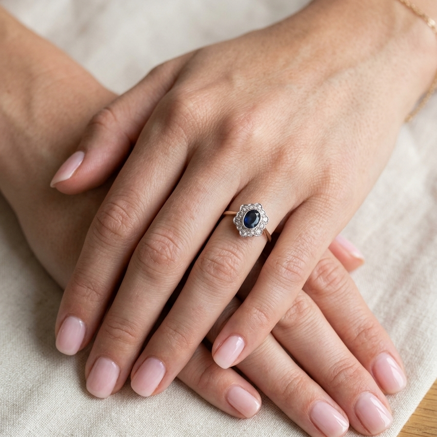 hand A 9 carat gold cluster ring that features an inky black blue oval cut sapphire. This measures 8x6mm in a safe rim style setting