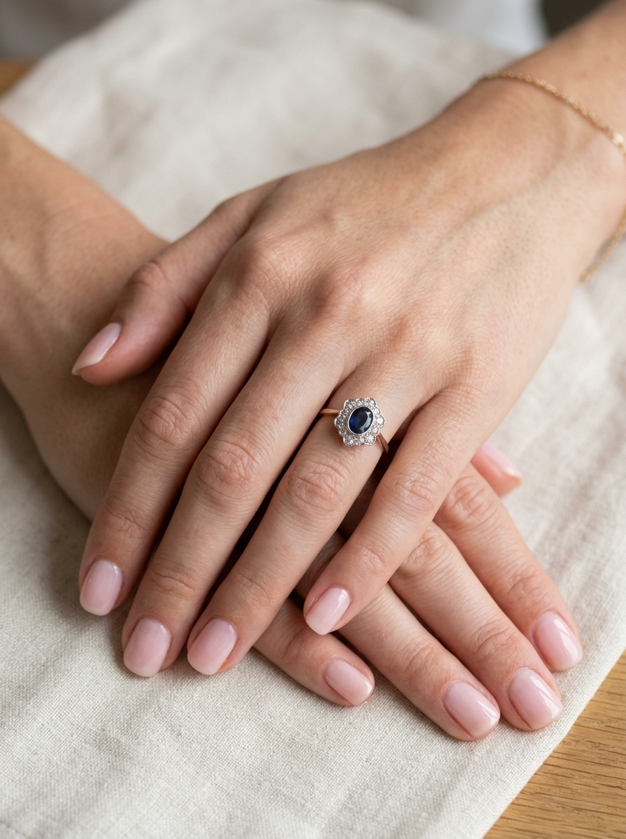 hand A 9 carat gold cluster ring that features an inky black blue oval cut sapphire. This measures 8x6mm in a safe rim style setting