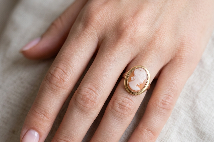 hand A 9 carat gold dress ring that features a cameo shell. Carved with the head of a young woman. Measures 20x15mm.