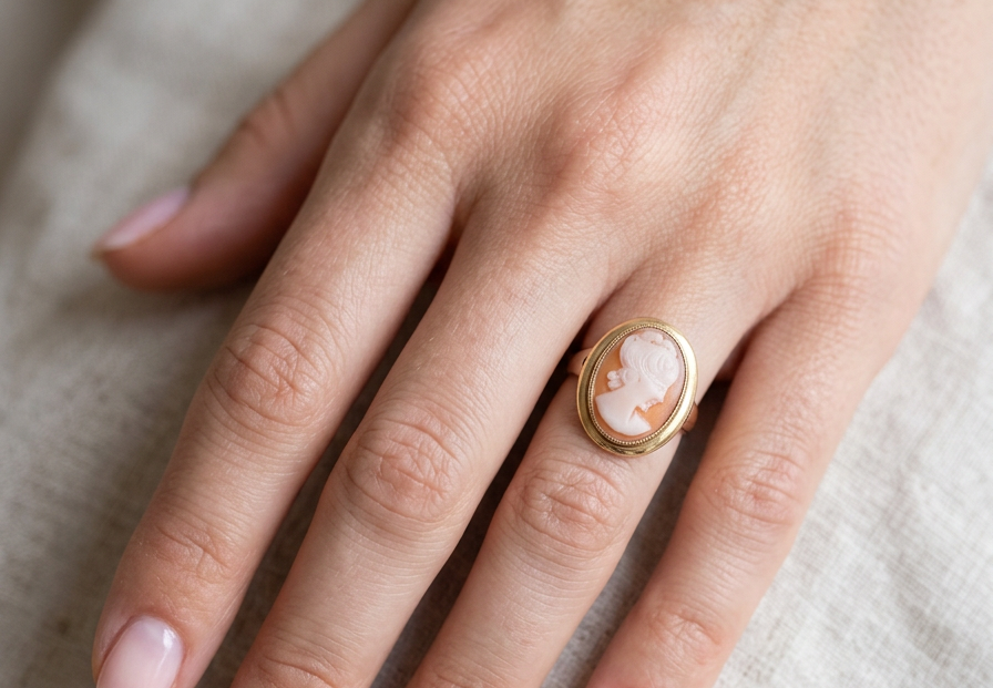 hand A 9 carat gold dress ring that features a cameo shell. Carved with the head of a young woman. Measures 20x15mm.