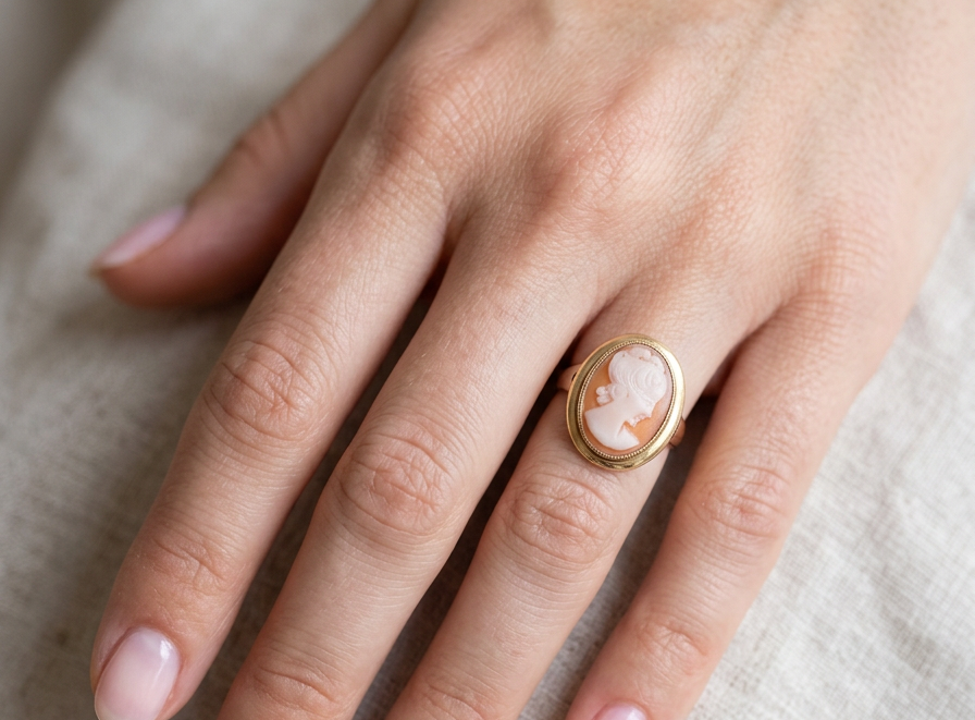 hand A 9 carat gold dress ring that features a cameo shell. Carved with the head of a young woman. Measures 20x15mm.