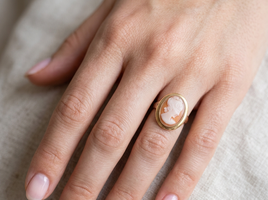 hand A 9 carat gold dress ring that features a cameo shell. Carved with the head of a young woman. Measures 20x15mm.