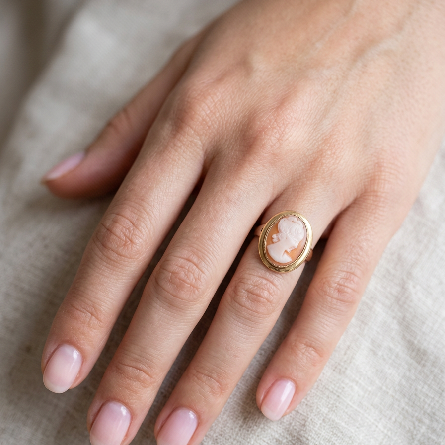 hand A 9 carat gold dress ring that features a cameo shell. Carved with the head of a young woman. Measures 20x15mm.
