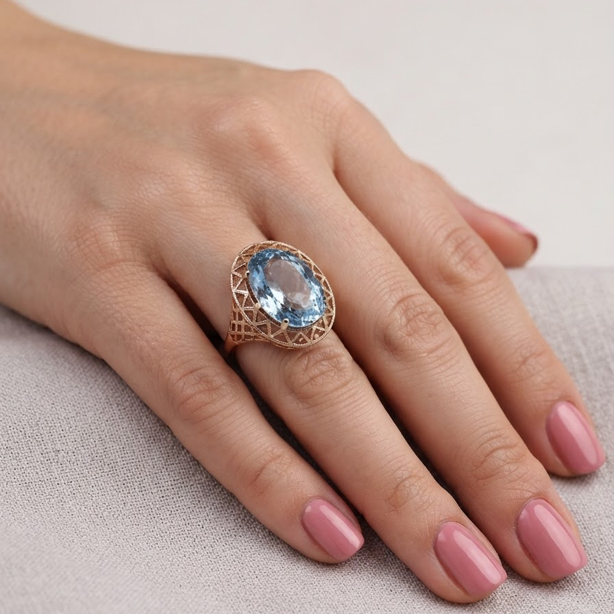 A close-up of a hand with pink manicured nails wearing a gold ring featuring an oval light blue gemstone in an openwork filigree setting, resting on a textured light gray fabric surface.