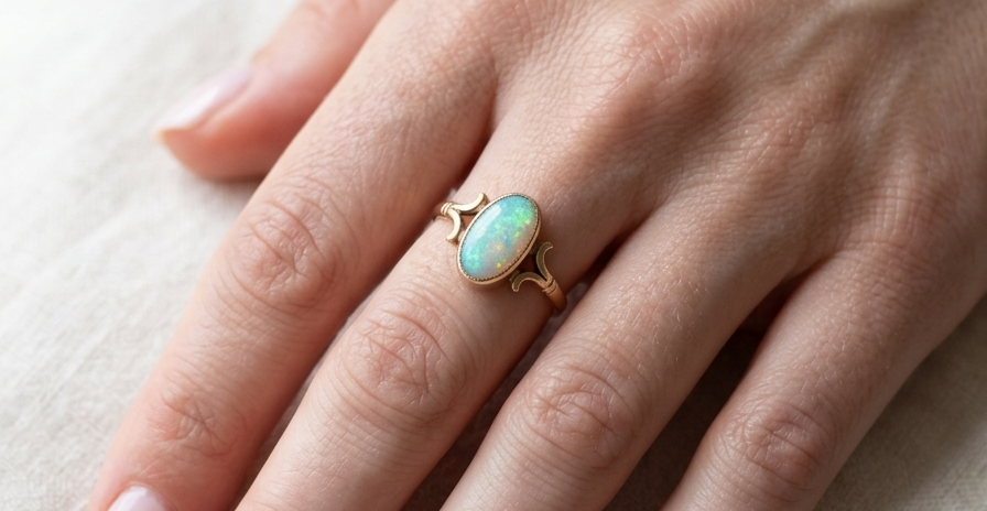 hand A 9 carat gold dress ring that features an oval shaped opal. Measures 12x6.7mm, with a very good play of colour across the white background. Mille grain setting