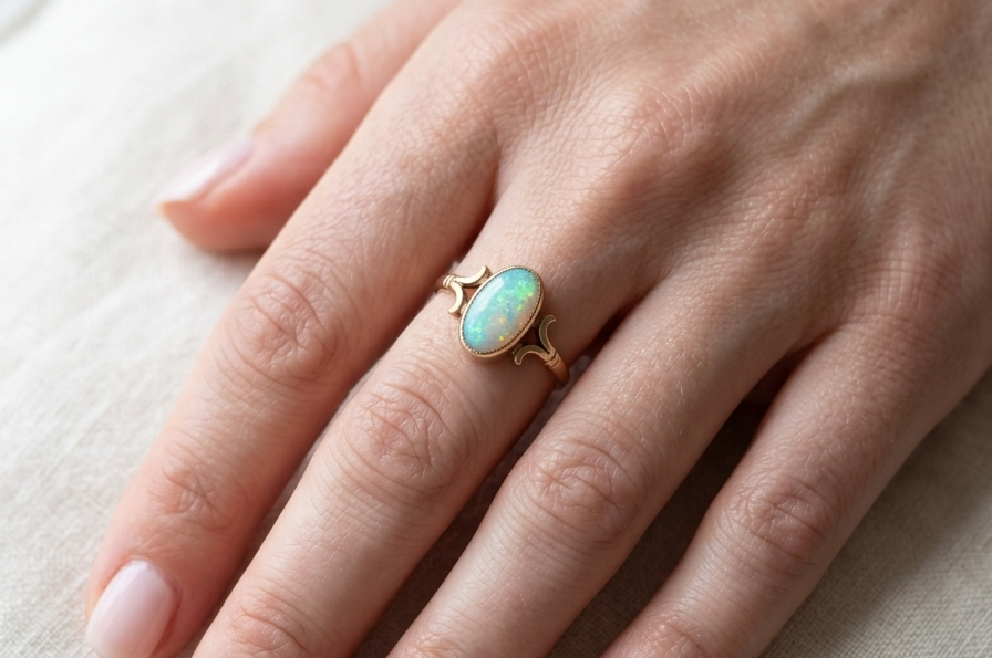 hand A 9 carat gold dress ring that features an oval shaped opal. Measures 12x6.7mm, with a very good play of colour across the white background. Mille grain setting