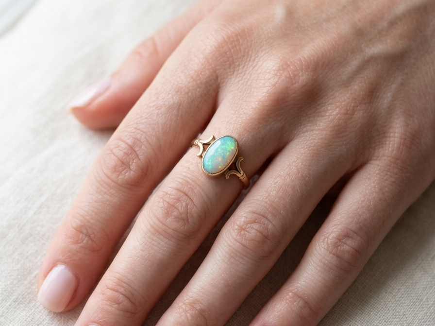 hand A 9 carat gold dress ring that features an oval shaped opal. Measures 12x6.7mm, with a very good play of colour across the white background. Mille grain setting