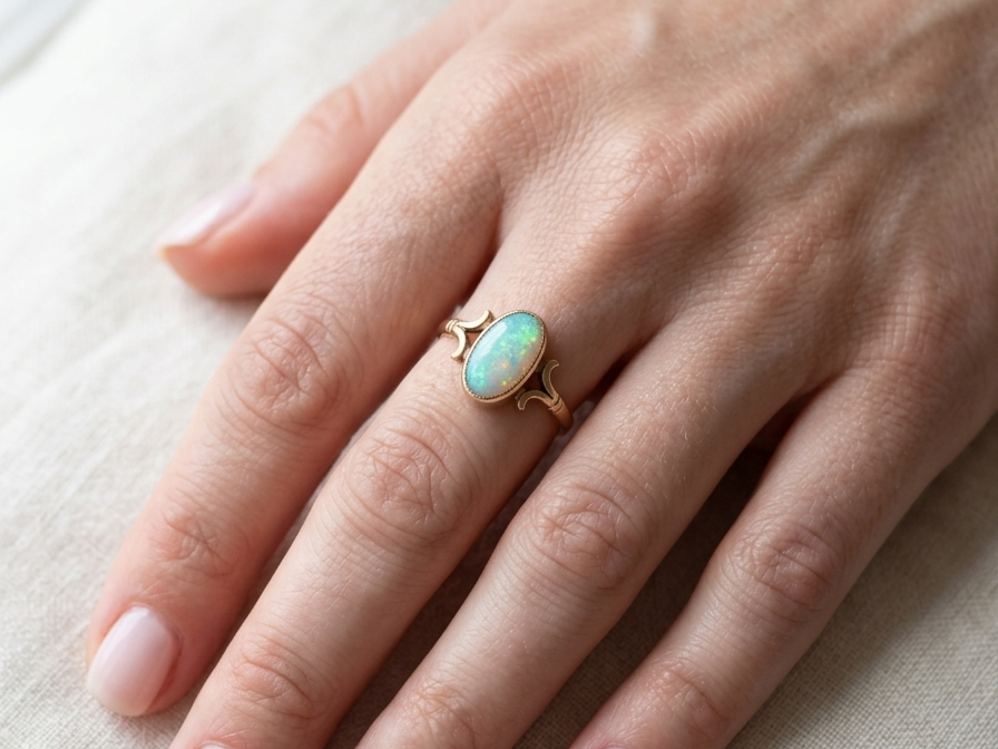 hand A 9 carat gold dress ring that features an oval shaped opal. Measures 12x6.7mm, with a very good play of colour across the white background. Mille grain setting