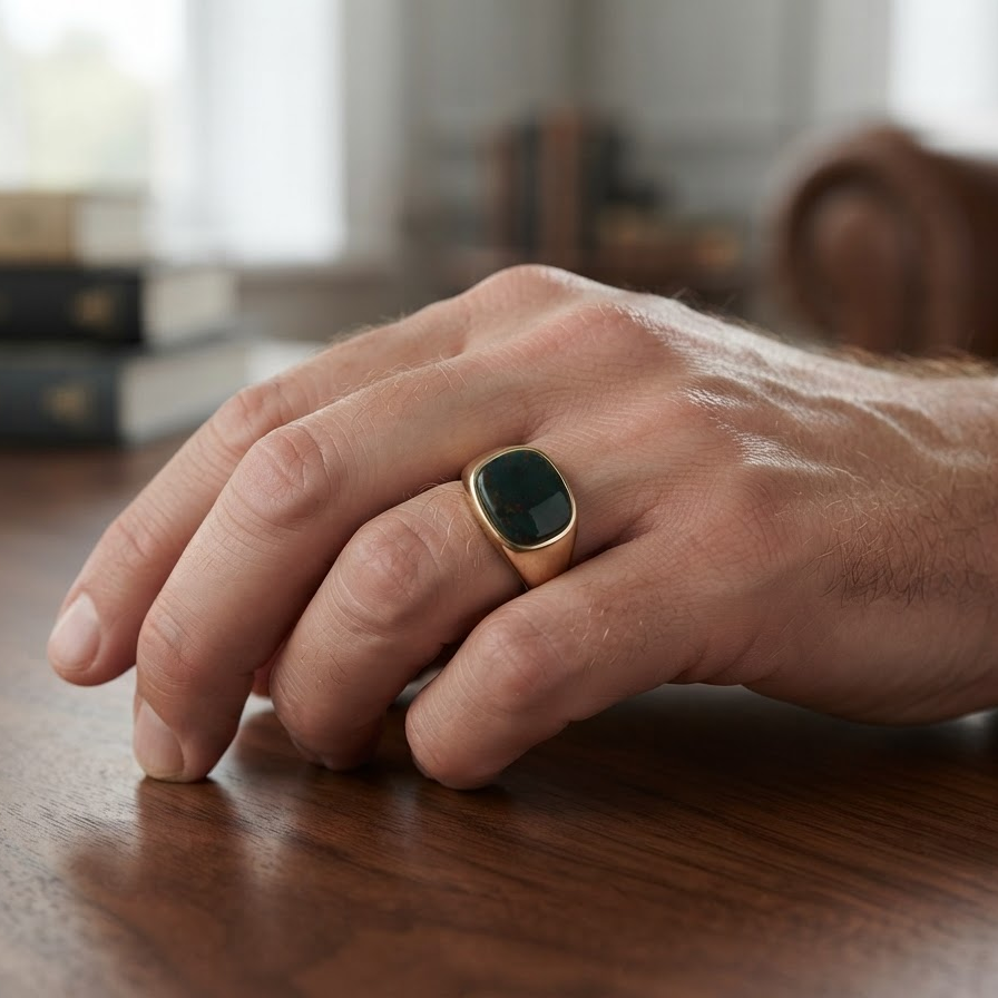A close-up of a man's hand resting on a wooden table, wearing a gold signet ring with a dark green cushion-cut stone.