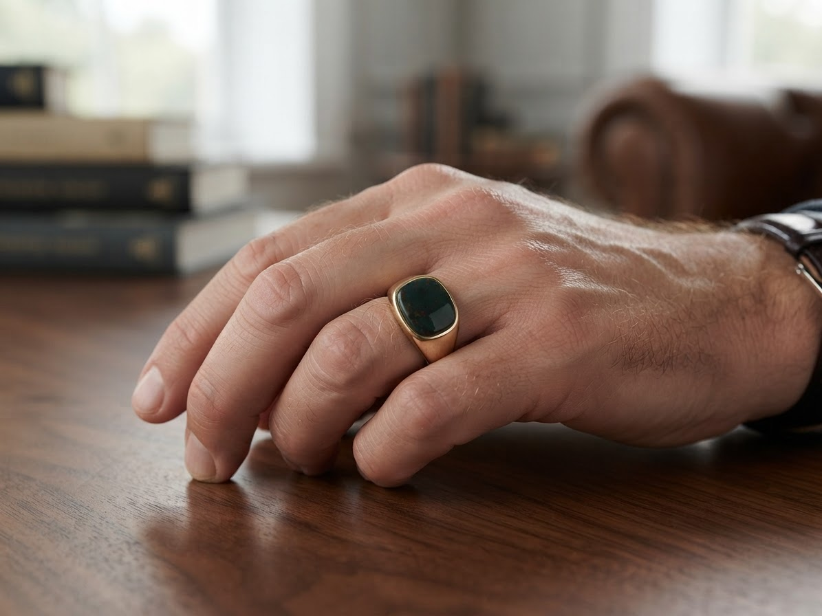 A close-up of a man's hand resting on a wooden table, wearing a gold signet ring with a dark green cushion-cut stone.