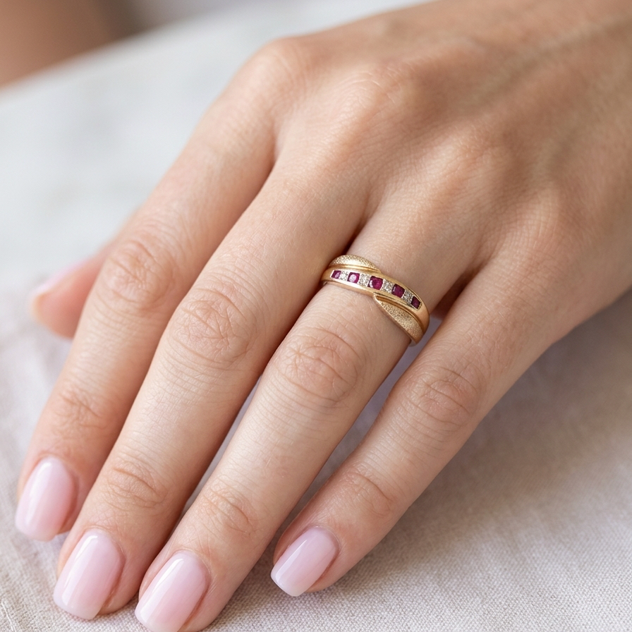 hand A 9 carat gold half hoop eternity ring. Set with five calibre cut rubies, from 1.7 to 2mm, and between small 1mm white diamonds.
