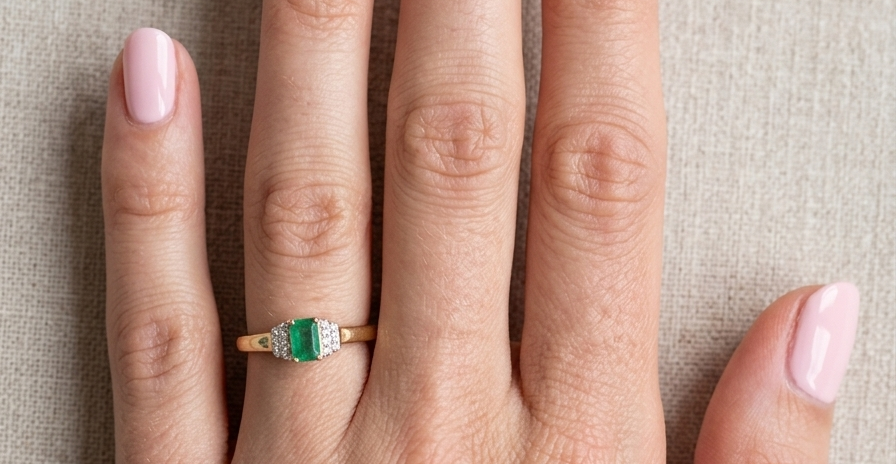 hand A 9 carat gold ring that features a rectangular cut emerald, 5x3mm (est 0.30 carats)