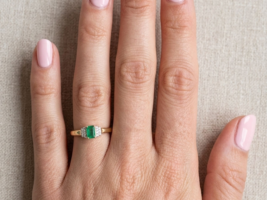 hand A 9 carat gold ring that features a rectangular cut emerald, 5x3mm (est 0.30 carats)
