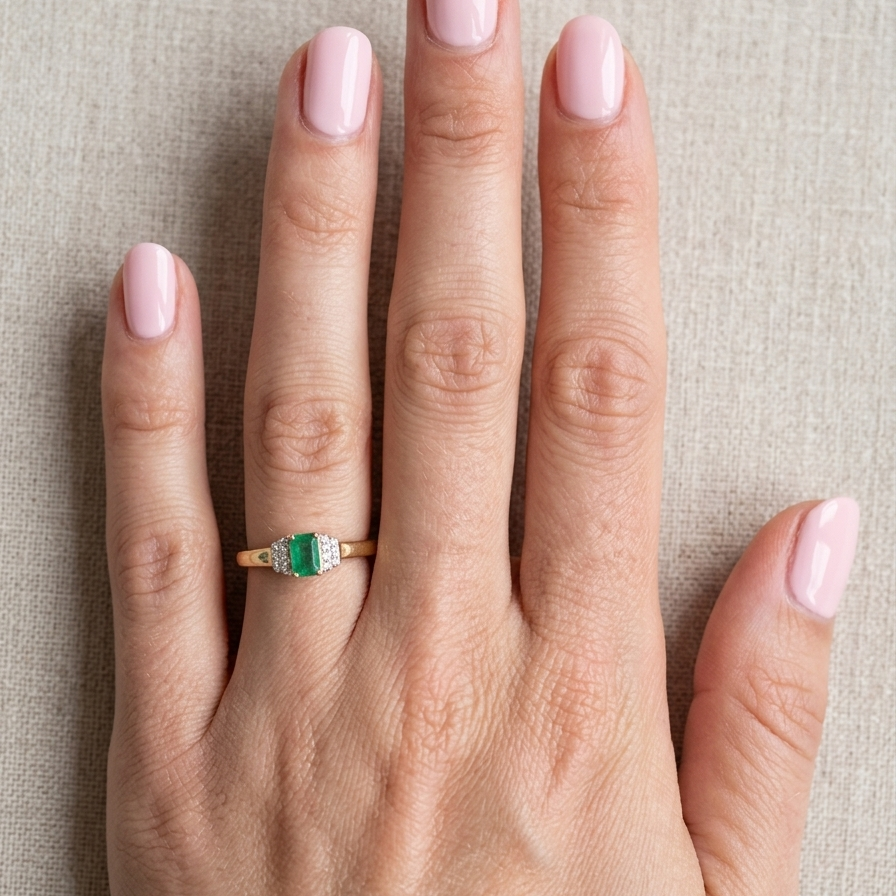 hand A 9 carat gold ring that features a rectangular cut emerald, 5x3mm (est 0.30 carats)
