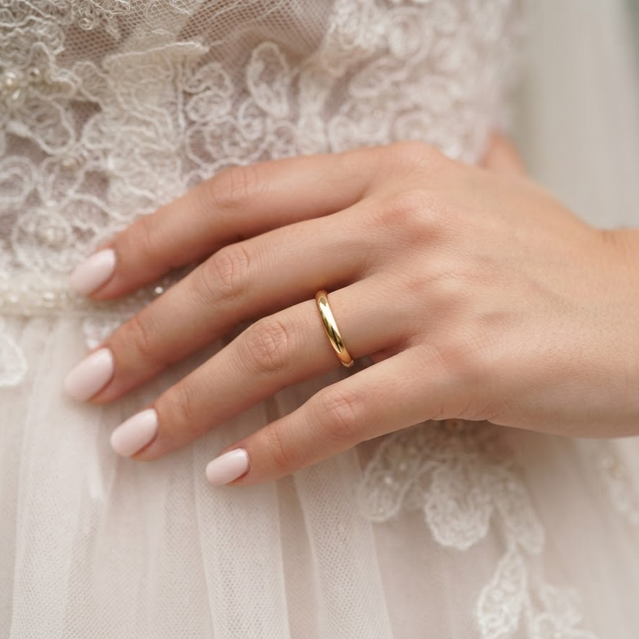 A close-up of a woman's hand wearing a simple gold band ring, resting on her white lace and tulle wedding dress.