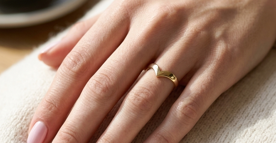 hand A 9 carat gold wishbone shaped ring. Can be worn as a statement piece or as a wedding ring.