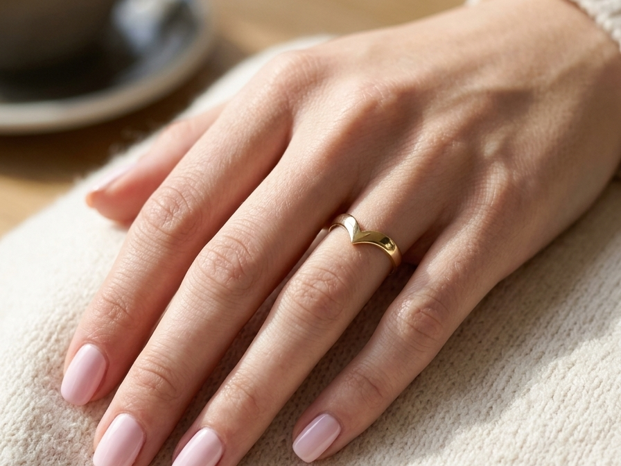 hand A 9 carat gold wishbone shaped ring. Can be worn as a statement piece or as a wedding ring.