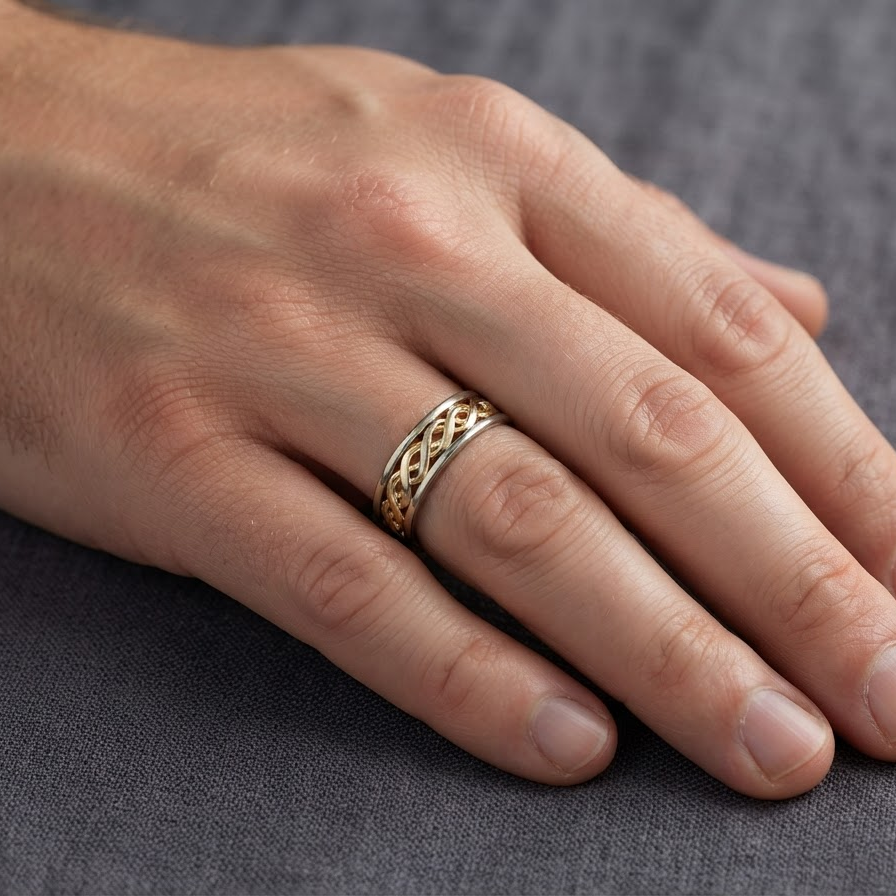 hand A 9 carat two colour gold ring. The centre band yellow gold, celtic design, the outer rims are white gold. 